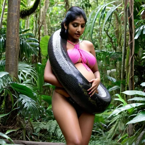  Pregnant Topless  pink thong wearing aroused horny beautiful happy  young  Indian teen girl   vs  Giant colossal black anaconda    monster wrapped around her body squeezing her in coiled embrace cuddling and kissing  sexual erotic bestiality  sex  realist...