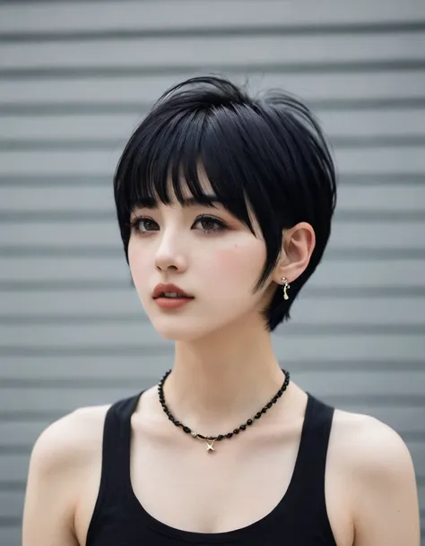 Short hair, marked jaw and black hair with piercings 