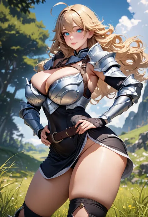 ((highest quality)), ((masterpiece)), ((hyperrealistic)), (detailed background), solo, 1girl, ((curvy: 1.2)), kawaii, ((armored dress: 1.3)), Blonde berry long wavy hair, Ahoge, (paladin magic armor), ((black tight-fitting leotard bodysuit)), ((huge breast...