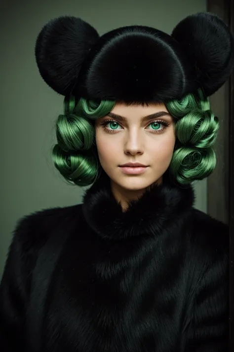 man, soft green eyes, black fur, beautiful, curlers