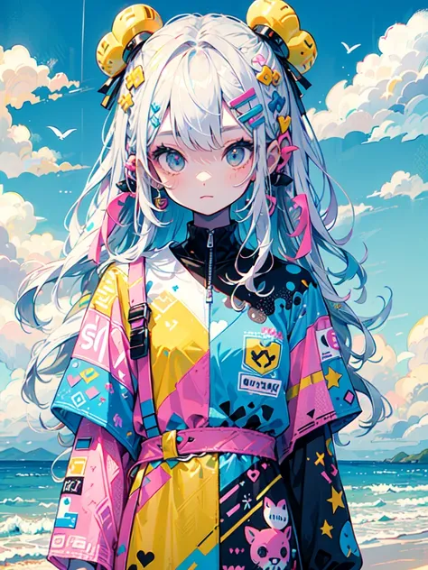 "cute, cute, Cute girl in pink, yellow, Baby blue color scheme. She wears sky-themed clothing with clouds and sky motifs. Her outfit is fluffy and soft., Comes with hair clips and other accessories. She embodies the vibrant and trendy Harajuku fashion styl...