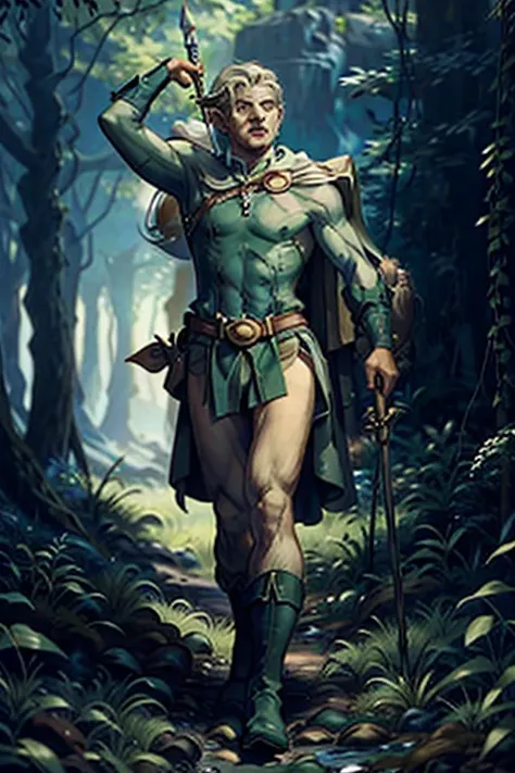 a titanic wild elf as an elven god of epic proportions, the elf ranger full body, complete body, standing, walking in the forest...