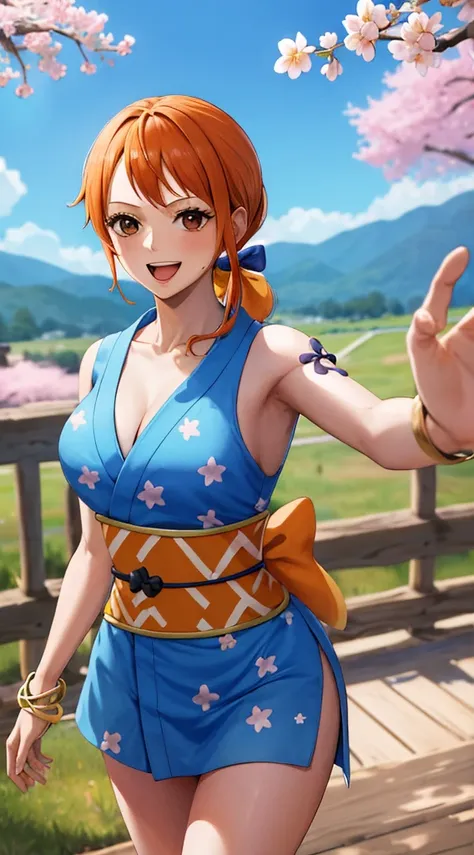 masterpiece, best quality, highres, nami (one piece), long hair, orange hair, low ponytail, hair bow, blue bow, brown eyes, collarbone, cleavage, short kimono, blue kimono, sleeveless, bare arms, bracelet, sash, obi, standing, cowboy shot, waving, outdoors...