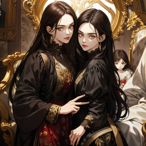 a highly detailed and absurd portrait of a family, a girl with dark hair and golden eyes resembling the viewer, the viewer standing in front of the portrait with two other figures beside them, dramatic lighting, rich colors, intricate details, photorealist...