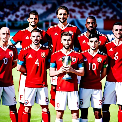 Create a 3-D image of the Turkish team for Euro 2024 football, like those holding a trophy in their hands , Create the players with Turkish flag jerseys