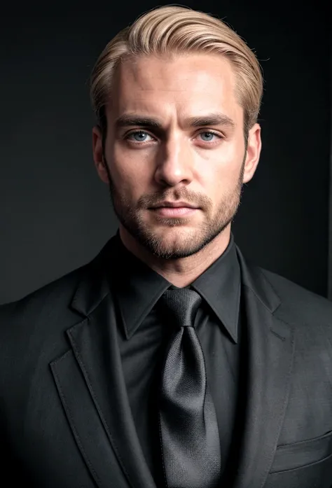 across a、Be a handsome 30 year old man, in black suit and tie, CEO, Deep blonde hair and beard, (Homem in black suit and tie), ), (Use uma barba,) Attractive and serious appearance, with short black hair, elegant and elegant, Perfect fit and strong body sh...