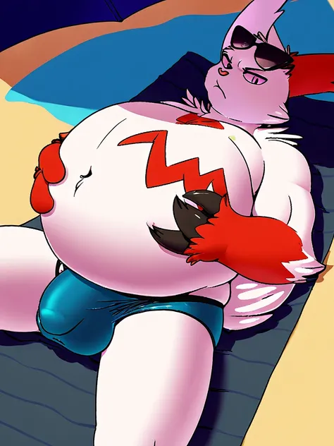 score_9_up, solo, male Zangoose, anthro, male, pokemon, pokemon (species), generation 1 pokemon, sunglasses on head, shirtless, blue speedo, grumpy, lying on a towel under some shade, beach, inflating, blimp belly