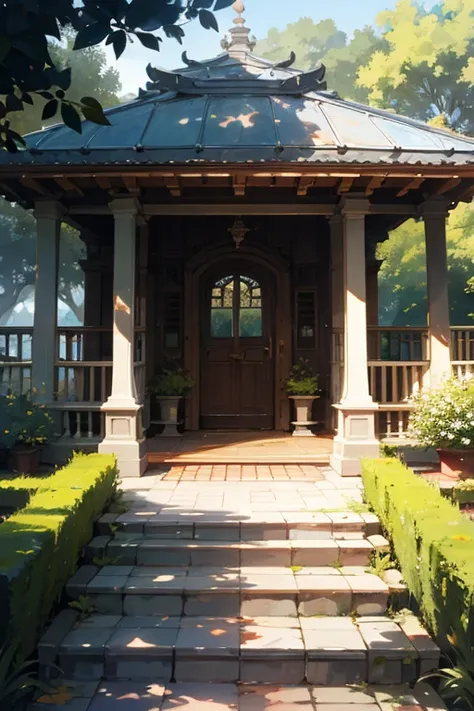 rustic style mansion, em pedra branca, glass and dark wood and reddish tiles with a garden with a white iron gate and a gazebo in the same style.