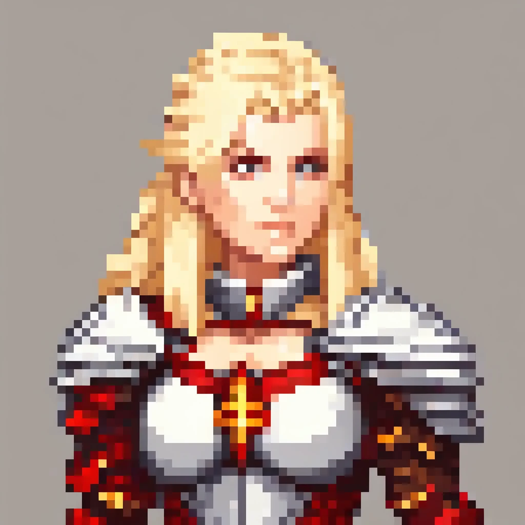 detailed portrait of a strong white woman, large arm muscles, knightly powers, holy red armor, fighter deamination look, battle-hardened warrior, intricate pixel art style, highly detailed, masterpiece, 8k, photorealistic