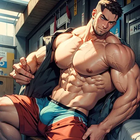 Exaggeratedly muscular man in underwear, exaggeratedly burly, and with huge pecs.