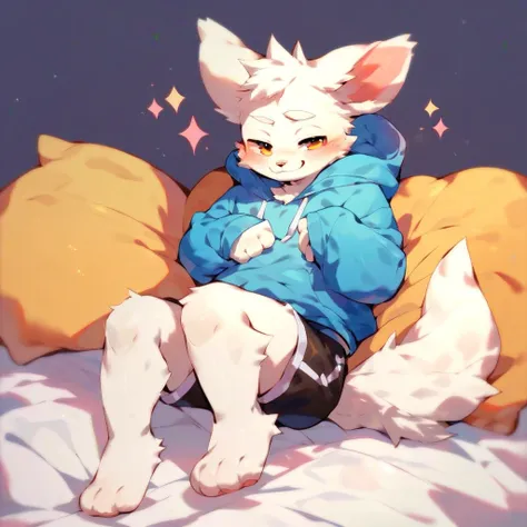 score_9,score_8_up,score_7_up,score_6_up,score_5_up,score_4_up, solo anthro furry, boykisserfur, male, white fur, white ears, smug, blush, hoodie, shorts, full body, 3 mouth