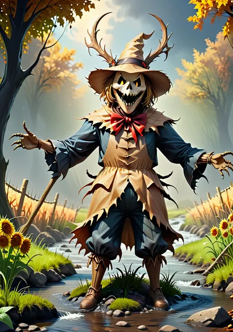 Hornyfier, a laughing scarecrow standing at the mouth of a demonic stream, (Artwork:1.3) (best quality:1.2) (high quality:1.1)