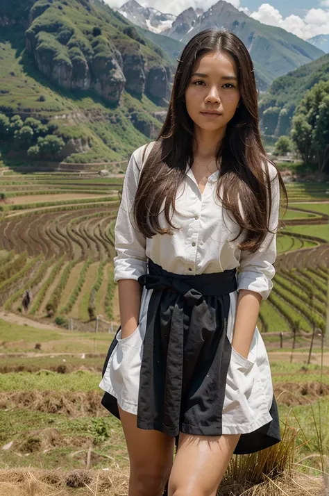 Make a realistic picture of a woman with long hair, a mountain background with rice fields, goats, and a template that says Wayan Suwendry