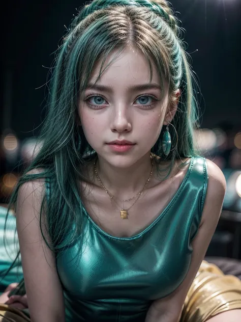 female idol、Full body esbian、smiling face、Lipgloss、very large necklace (turquoise blue and light green)、Very large earrings (turquoise blue and light green)、shiny latex tight mini dress（turquoise blue and light yellow）、colorful hair (turquoise blue and lig...