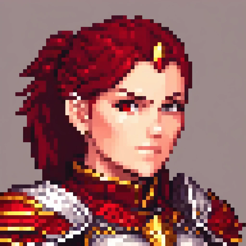 detailed portrait of a strong white woman, dark red hair, (close-up portrait), detailed face features, large arm muscles, knightly powers, holy red armor, fighter deamination look, battle-hardened warrior, intricate pixel art style, highly detailed, master...