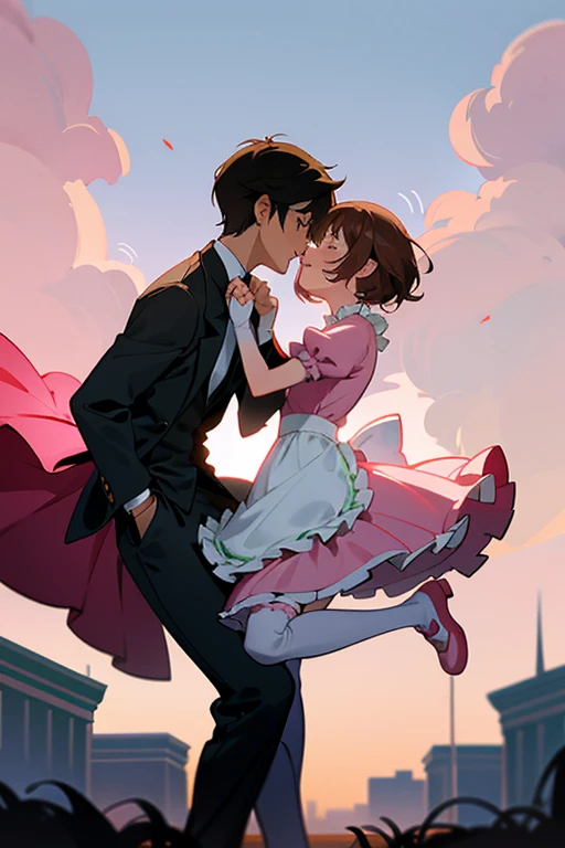 anime,cute, Romantic couple kissing in a large park,One is a magical girl in an apron dress and the other is a man in a black suit.,The magical girl is a 6-year-old boy dressed as a girl.,Short Bob Hair,Brown Hair,Pink frill apron dress,Wear a petticoat,We...