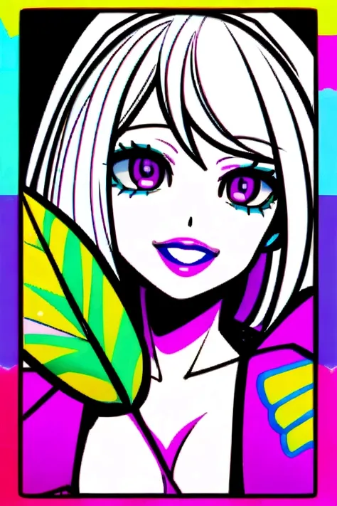 avatar for a PR channel "DRUGSNET CHANNEL " in neon colors with marijuana leaves and a sexy girl in pop art style