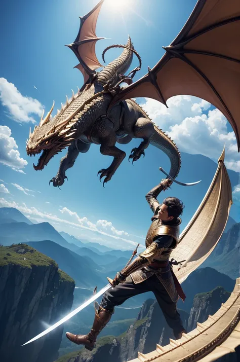 A swordsman flying on a dragon 