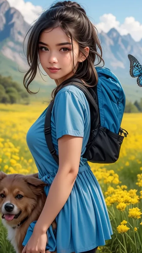 An incredibly charming  carrying a backpack, accompanied by her adorable puppy, enjoying a lovely spring outing surrounded by beautiful yellow flowers and natural scenery. The illustration is in high definition at 4k resolution, with highly-detailed facial...