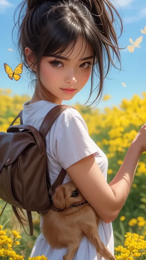 An incredibly charming  carrying a backpack, accompanied by her adorable puppy, enjoying a lovely spring outing surrounded by beautiful yellow flowers and natural scenery. The illustration is in high definition at 4k resolution, with highly-detailed facial...