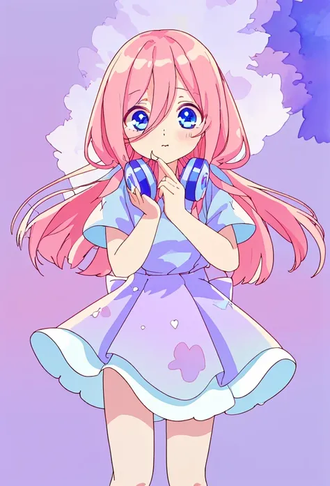 Pastel illustration, lilac theme, Miku nakano, standing 3/4, looking at viewer, soft standing pose, cowboy shot, wearing a lilac dress blue eyes, fluffy brown red hair, nakano_miku, simple organza lilac dress, higher quality, soft vivid colours, dreamy neb...