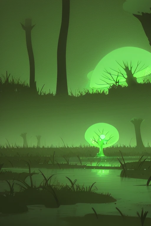 neon green mushroom secreting green liquid discs emerging from a zombie corpse in a swamp facing the viewer