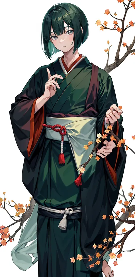 1 boy, 24 years old, full body, blunt bangs, bob cut, dark green hair, ((transparent background)),(solo),standing,{{{{Japanese monk}}}}},(wearing shoes on feet),{{wearing an article of clothing in the same manner as a kasaya}}},{{glaze}},{{Hair shine}},((i...