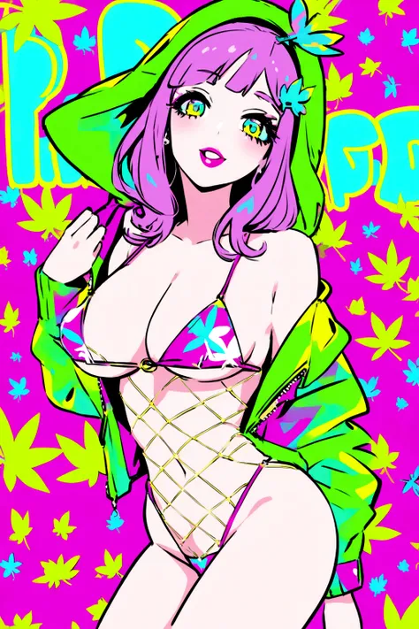 avatar for a PR channel "DRUGSNET CHANNEL " in neon colors with marijuana leaves and a sexy girl in pop art style