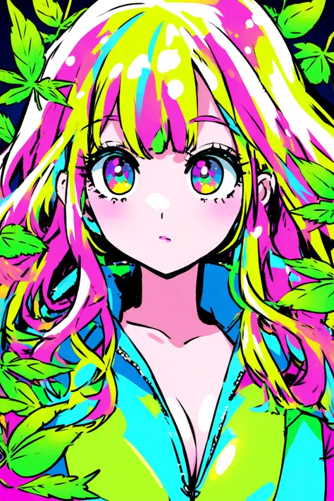 avatar for a PR channel "DRUGSNET CHANNEL " in neon colors with marijuana leaves and a sexy girl in pop art style