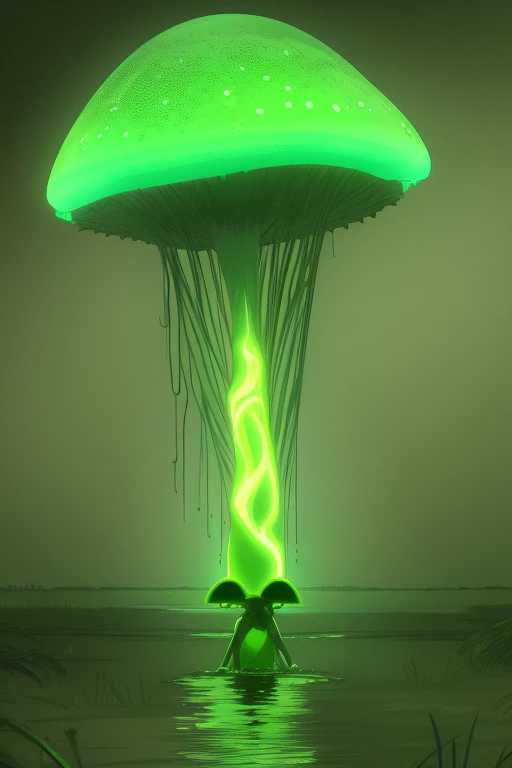 neon green mushroom secreting green liquid discs emerging from a zombie corpse in a swamp facing the viewer