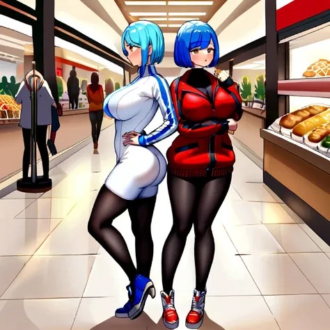 Big bimbo lady wearing a white jacket big breast big ass mask side black long stocking blue hair 2girls fullbody location mall the other girl wearing red jacket white long stoking blue short hair