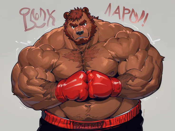 a huge muscular kodiak brown bear, extremely detailed brown fur, powerful pecs, beer belly, veins popping,red boxing gloves, black boxing pants with red line, flexing for boxing victory, masterpiece, 8k, ultra-detailed,realistic,photo-realistic,physically-...