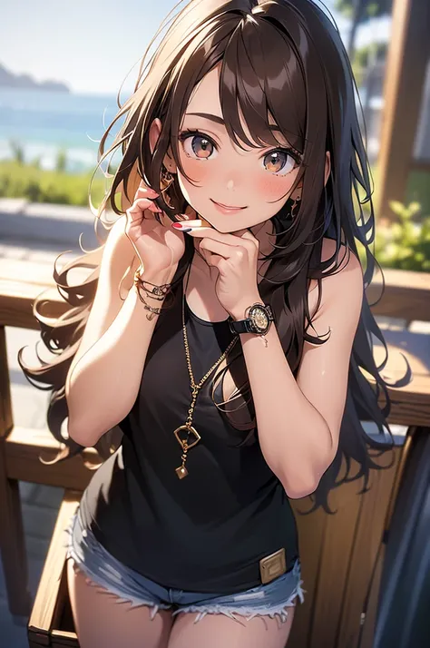 (masterpiece, best quality, ultra-detailed, highres, 4k),(beautiful detailed eyes),(very detailed face),(1girl),HDR,long hair, shorts, phone, brown eyes, brown hair, cellphone, bracelet, tank top, jewelry, watch, lips, solo focus, nail polish, blurry backg...