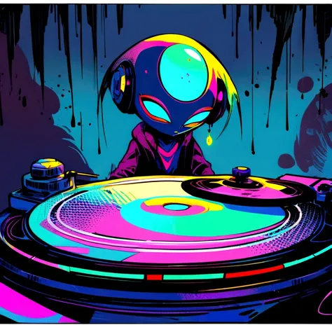 (best quality,highres,masterpiece:1.2),alien DJ playing turntables,grunge elements,raw textures,distressed textures,ink splatters,moody palette,vibrant neon colors,Studio Ghibli style