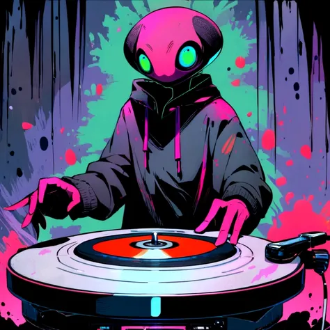 (best quality,highres,masterpiece:1.2),alien DJ playing turntables,grunge elements,raw textures,distressed textures,ink splatters,moody palette,vibrant neon colors,Studio Ghibli style