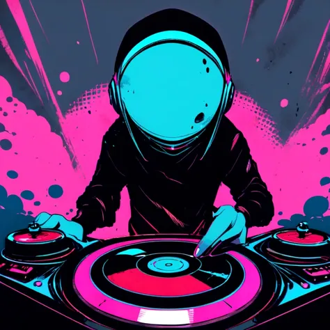 (best quality,highres,masterpiece:1.2),alien DJ playing turntables,grunge elements,raw textures,distressed textures,ink splatters,moody palette,vibrant neon colors,Studio Ghibli style