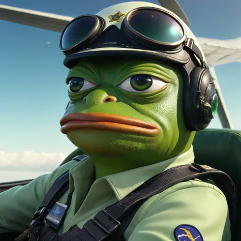 a Pepe the frog angry pilot, green frog humanoid creature, angry expression, pilot uniform, goggles, cockpit, futuristic aircraft, dynamic pose, (best quality,4k,8k,highres,masterpiece:1.2),ultra-detailed,(realistic,photorealistic,photo-realistic:1.37),cin...