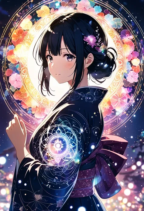 Black Hair、kimono、magic circle、Backlight、Double Exposure、Multiple Exposure、
High definition、Transparency、mysterious、Soft Focus、Flare、Flare効果、Glitter、Anime illustration