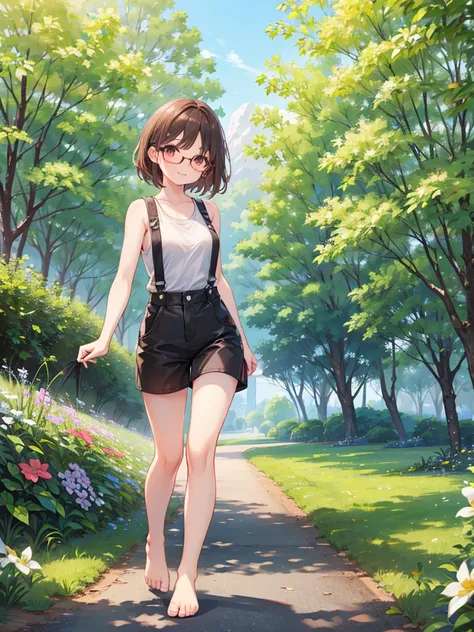 1 woman、brown hair(long)、brown eyes、black round glasses、 best quality、Super detailed、8K resolution、Raw photo、muste piece、seductive 、sleeveless tank top, overall short, gorgeous face、perfect body、spring scenery、barefoot, stroll、smile