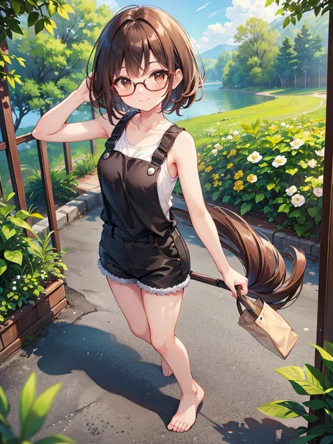 1 woman、brown hair(long)、brown eyes、black round glasses、 best quality、Super detailed、8K resolution、Raw photo、muste piece、seductive 、sleeveless tank top, overall short, gorgeous face、perfect body、spring scenery、barefoot, stroll、smile