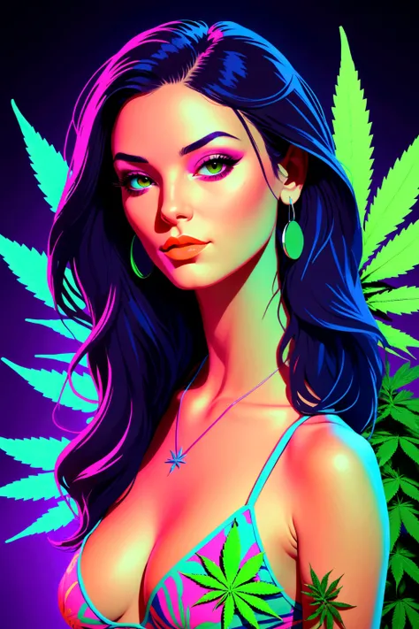 avatar for a PR channel "DRUGSNET CHANNEL " in neon colors with marijuana leaves and a sexy girl in the style of pop art and GTA,hyperdetailing ,maximum drawing depth ,