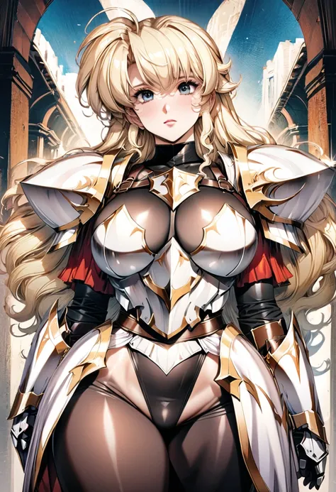 ((highest quality)), ((masterpiece)), ((hyperrealistic)), (detailed background), solo, 1girl, ((curvy: 1.2)), kawaii, ((armored dress: 1.3)), langrisser, Blonde berry long wavy hair, Ahoge, (paladin magic armor), ((black tight-fitting leotard bodysuit)), (...