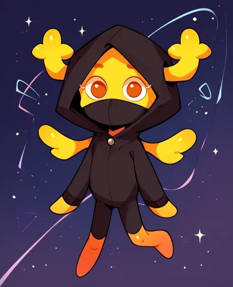 Penny Fitzgerald, penny_unshelled, alone, cute, yellow body, kid, yellow wings, full body, black bodysuit, black hood and black face mask, on night city