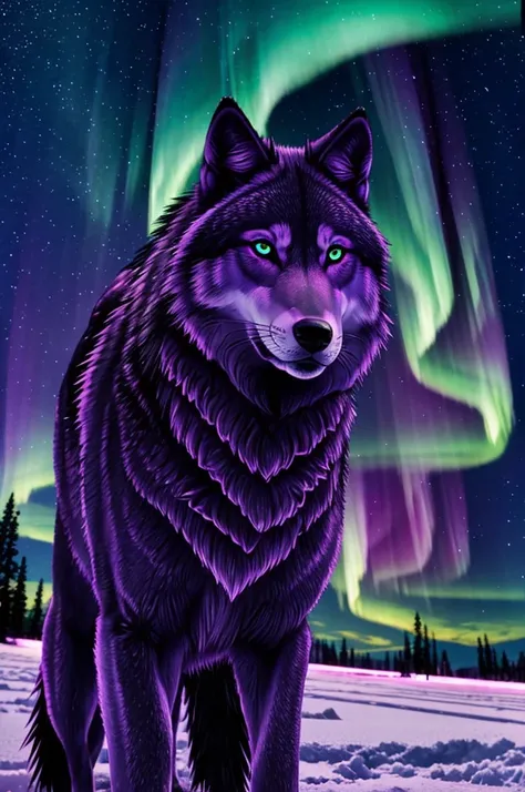 Anime style purple wolf with northern lights in the background 