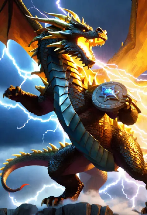 old large dragon breathing animated lightening, on a hero who is holding a shield to protect themselves from the lightening