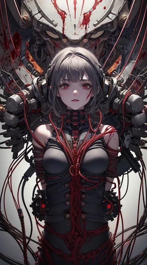 (((Masterpiece))), ((Best Quality)), (Super Detail), (CG Illustration), (Very Evil and Beautiful)), Cinematic Light, ((1 Mechanical Girl)), Single, (Mechanical Art: 1.4), ((Mechanical limb)), (Blood vessel attached to a tube), ((Mechanical spine attached t...