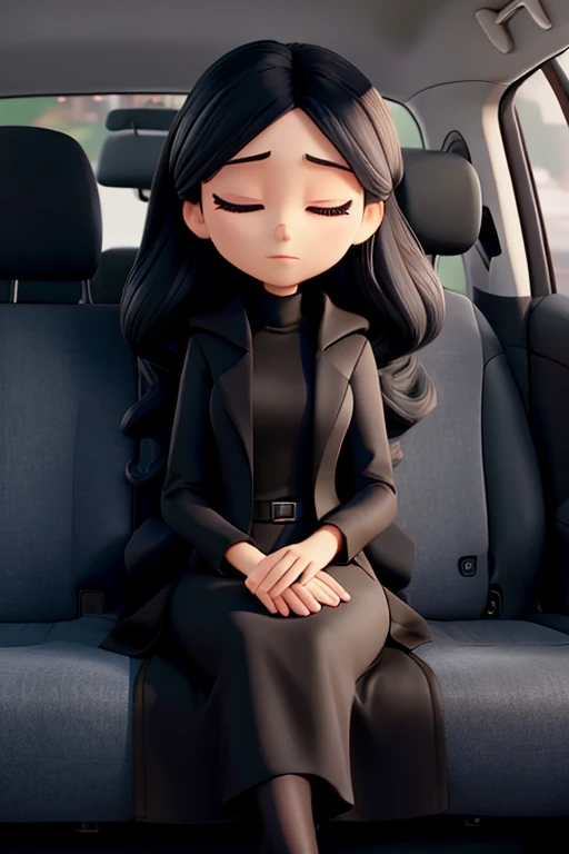 woman with a long black jacket and long heels with black gloves and a black dress with a man sleeping with his eyes closed in his car