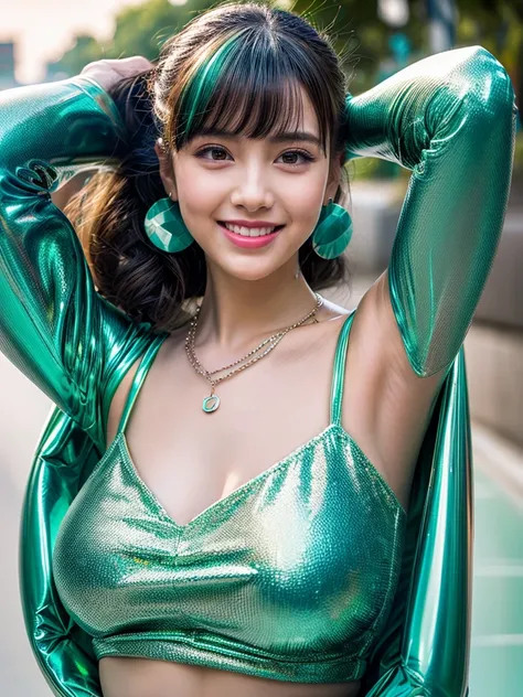 female idol、Full body esbian、smiling face、Lipgloss、very large necklace (turquoise blue and light green)、Very large earrings (turquoise blue and light green)、shiny latex tight mini dress（turquoise blue and light yellow）、colorful hair (turquoise blue and lig...