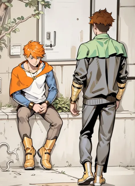 There are two 16 year olds, one sitting with orange hair and the other walking towards him., They both have superhero costumes, they have golden superhero boots, they are slim but athletic. , Her bracelets and boots are gilded with gold