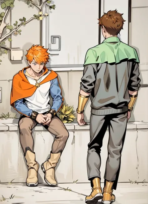 There are two 16 year olds, one sitting with orange hair and the other walking towards him., They both have superhero costumes, they have golden superhero boots, they are slim but athletic. , Her bracelets and boots are gilded with gold